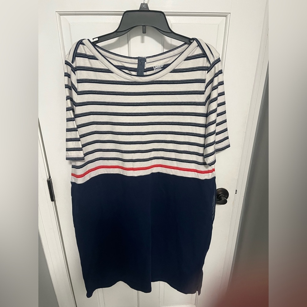 Striped Navy and White dress with Red Accent